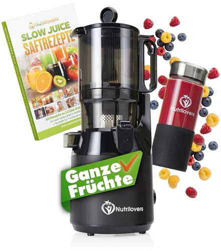 Nutrilovers Slow Juicer NUTRI-PRESS MAX Ganze Früchte entsaften Entsafter mit XXL 135 mm Öffnung, BPA-frei inkl. Saft-Flasche, Slow Juice Rezeptbuch