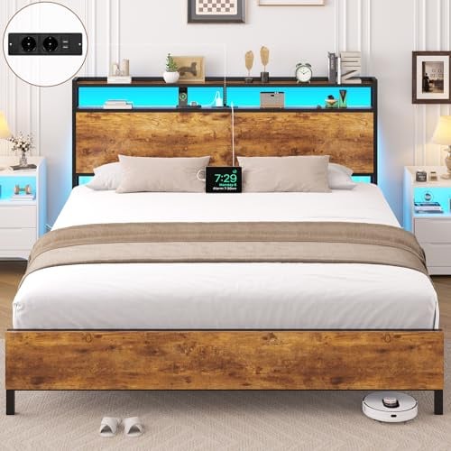 Brinlawb Bett 140x200 mit Lattenrost aus Metall Doppelbett mit LED Beleuchtung und Ladestation (2 AC-Steckdosen 2 USB-Anschlüsse) Bettrahmen, Bettgestell 140x200cm mit Holzkopfteil und Stauraum, Braun