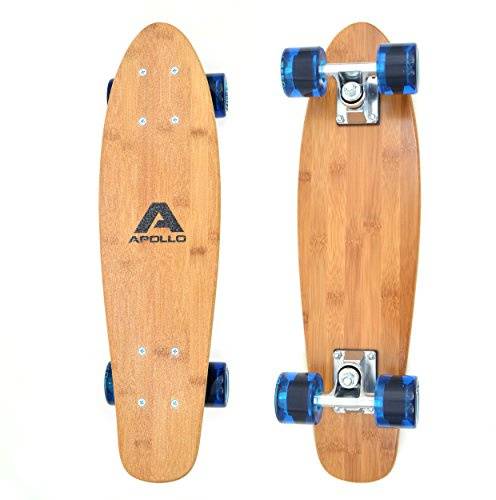 Apollo Wooden Fancy Skateboard, Vintage Cruiser Komplettboard mit und ohne LED Wheels, Größe: 22.5'' (57,15 cm), Farbe: Wood/Transpartent Blau