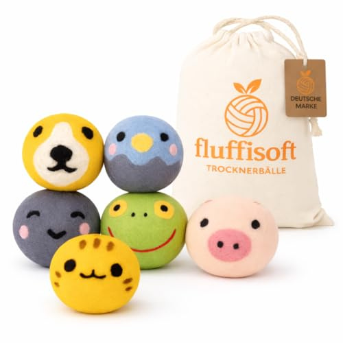 fluffisoft Trocknerbälle 6 Stück – 100% Schafwolle – weichere Wäsche ohne Chemie – Energie sparen – inkl. Stoffbeutel