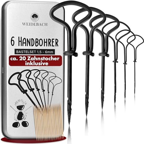 WEIDEBACH® 6-teiliges Kastanienbohrer Set, 1,5-6 mm Bohrer + 20 Zahnstocher zum Basteln in Alubox, Kastanien-Bastelset, Kastanienset, Kastanienmännchen Bastelset, Holzbohrer Handbohrer f. Kastanien