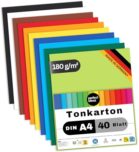 perfect ideaz - Tonkarton DIN A4-40 Blatt - 10 Farben - 180g/m² - Blauer Engel zertifiziert, Made in Germany - voll durchgefärbt, kein Ausbluten