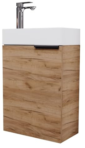 Planetmöbel Waschtisch 40 cm Gold Eiche mit Keramikbecken | Kompaktes 40 cm Badmöbel Set mit Keramikwaschbecken, Unterschrank und optionalem Wasserhahn für kleine Bäder.