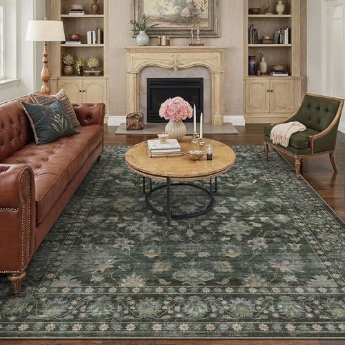 PureCozy Grün Teppich Wohnzimmer 200x300cm Waschbarer Blumenmuster kurzflor rutschfest Weich Bumen Boho Vintage Teppiche Groß für Schlafzimmer Küchen Esszimmer Bedroom Living Room