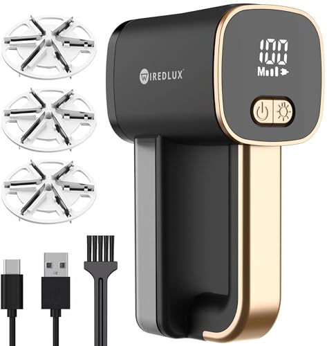 Fusselrasierer Elektrisch WiredLux - Wiederaufladbarer Fusselentferner für Kleidung & Möbel - LED-Licht, Einstellbare 3-Fach Geschwindigkeit, 6-blättrige Klinge, USB-Aufladung (Onyx/Gold)