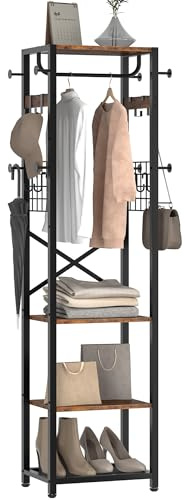 CHOEZON Garderobenständer, Kleiderständer mit 3 Ablagen, 16 Haken und Kleiderstange, freistehende Garderobe, Industrie-Stil, für Eingangsbereich, Flur, Vintagebraun und Schwarz DTYM18BF