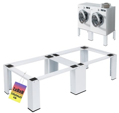 Stabiler Doppel Untergestell für Waschmaschine und Trockner | 2-Fach | 2x 150kg | Doppel Sockel Podest Unterbau Erhöhung Gestell aus Stahl, 32cm Hohe, Rutschfesten Pads, Weiß