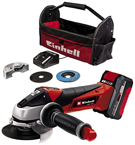 Einhell Akku-Winkelschleifer TE-AG 18/115 Li Kit Power X-Change (18 V, 115 mm Scheibendurchmesser, 28 mm Schnitttiefe, inkl. Trennscheibe, Schleifscheibe, 4,0 Ah Akku, Ladegerät)