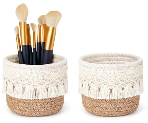 Kotkiddy 2 Stück Make-up-Pinselhalter, Organizer, Kammpinsel, Mini-Aufbewahrungskorb, Körben mit Boho-Dekor für Stifte, Bleistiftbox, Behälter, 10×10cm，Gelb und Weiß