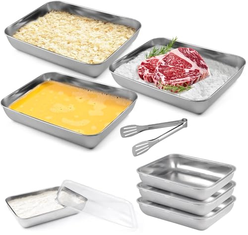 Panierschalen Set 3-Teilig, 25x20x5cm Edelstahl Schale Rechteckig,PanierstraßE Set,Panierstrasse mit Deckel,mit Panierzange, Stapelbar, Metall Gastro Behälter für Schnitzel, Fleisch, Fisch und Gemüse