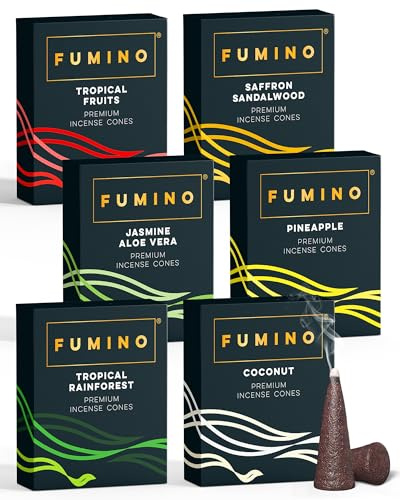 Fumino Räucherkegel-Set Tropische Geschmäcker Multipack - Frische Räucherkerzen mit Masala Agarbatti Joss Räucher Duft 6 Boxen, 90 Räucherkegel Räucherpyramiden Weihrauch für Entspannung & Meditation