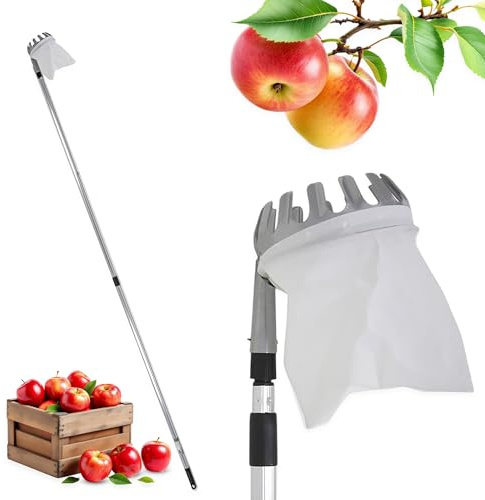 Obstpflücker mit Teleskopstiel und Fangbeutel mit Pflückkranz - bis 240 cm | Fruchtpflücker mit Erntebeutel und Teleskopstange - Erntehelfer Obst Apfel Birnen Zwetschgen Baum Pflücker