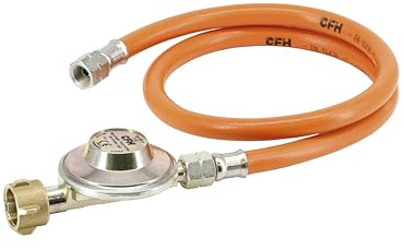CFH Gasdruckregler mit Gasschlauch DRS 452 - 80 cm Gasschlauch mit Druckminderer 50 mbar für Propan-Gasflaschen, G 1/4 LH, Set für Gasgrills, Campingkocher und Heizgeräte, DVGW-zertifiziert