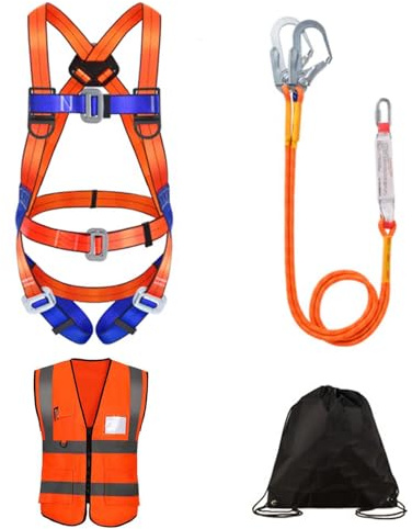 WEIKAXIMU Auffanggurt Fallschutz Sets: 5-Punkt Auffanggeschirr zur Absturzsicherung, 2 Haken, 2m Sicherheitsseil, mit Auffanggerät + Bonus: Reflektierende Weste & Rucksack