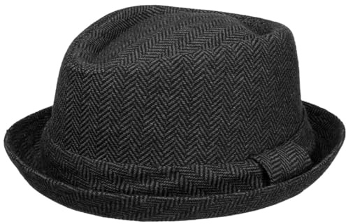 Lipodo Diamond Crown Herringbone Wollhut Pork Pie Fedora mit Innenfutter Stoffhut Damen Herren Sommer Winter schwarz-grau M (56-57 cm)