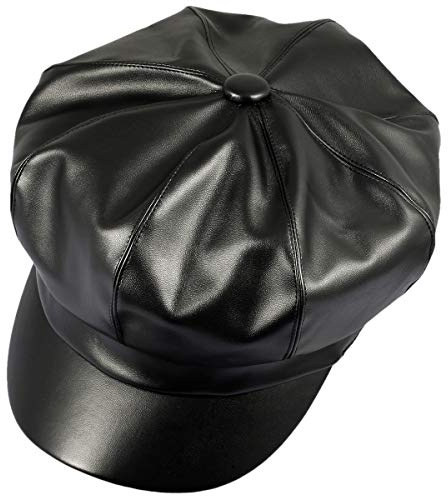 KYEYGWO PU Leder Zeitungsjunge Baskenmütze für Damen, 8 Panels Schirmmütze Newsboy Barett Hut Maler Kappe, Herbst Winter Cabbie Cap, Schwarz