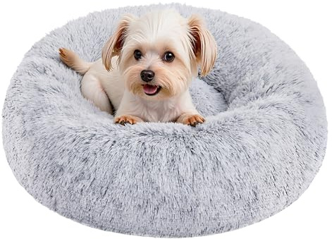 Feandrea Hundebett flauschig, Katzenbett, Donut Kissen, waschbar, Polsterung in der Mitte herausnehmbar, Langer Plüsch, 50 cm Durchmesser, Ombré-Grau PGW037G01