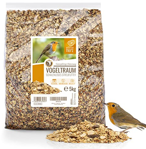 wildtier herz I Vogeltraum Schalenlos - Premium Vogelfutter, Wildvogelfutter Schalenfrei, Ganzjahresfutter mit Sonnenblumenkerne, Vogel Streufutter (5kg)