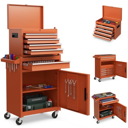 COSTWAY 2 in 1 Werkstattwagen inkl. Koffer & 8 Fächer & Haken & verstellbarem Regal, Werkzeugwagen Abschließbar auf Rädern ohne Werkzeug, Profi Werkstatt-Wagen Metall 100 kg Tragkraft, 59x28x102cm