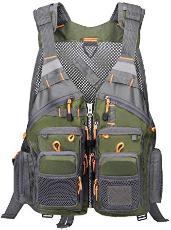Gonex Angel Weste Herren verstellbare Arbeitsweste mit Mehreren Taschen für Angeln Fliegenfischen Outdoor Airsoft Jagd Angelausrüstung, Armee Grün Grau
