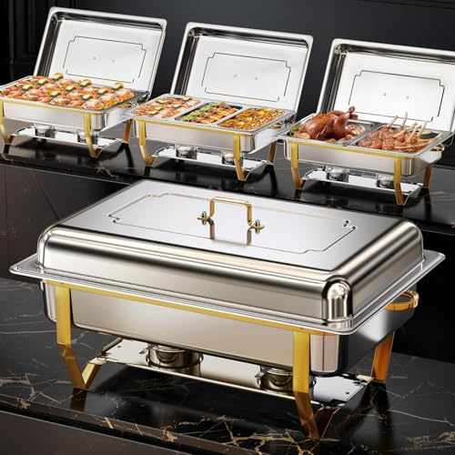 WARMOUNTS Silber & Gold Chafing Dish Buffet Set 9L, Edelstahl Speisenwärmer für Catering, Hochglanzpoliert, Klappbarer Rahmen, Großes Warmhaltebehälter für Party (4er Set 2x1+2x1/2+3x1/3 Einsätze)