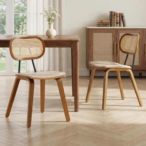 chairus Esszimmerstühle 2er Set PU Leder Küchenstühle mit Rattan Rückenlehne Akzentstühle aus Holz für Esszimmer Wohnzimmer Küche (Beige)