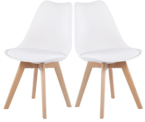EGGREE 2er Set Esszimmerstühle mit Massivholz Buche Bein SGS Geprüfter, Retro Design Gepolsterter Stuhl Küchenstuhl Holz, Weiß