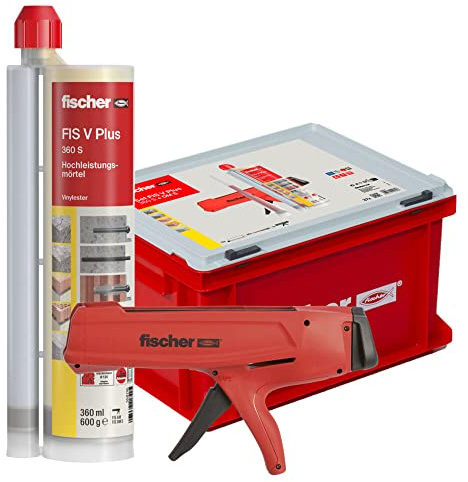 fischer Hochleistungsmörtel FIS V Plus 360 S im Handwerkerkoffer, 12 Kartuschen 360 ml inkl. Auspresspistole FIS DMS, wetterfester Mörtel für innen und außen sowie alle relevanten Baustoffe