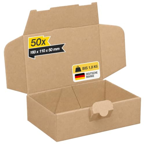 smiley pack Maxibriefkarton Versandkarton – 160x110x50 mm, braun, 50 Stück | Bis 1,8 kg belastbar – robuste Faltschachtel mit Steckverschluss ohne Klebeband – kleiner Karton für Warensendung