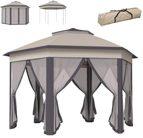 Outsunny Gartenpavillon Faltpavillon 4 x 4 m Pop-Up-Zelt Partyzelt inkl. Tragetasche 6 Seitenteile Doppeldach sechseckig Beige