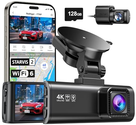 REDTIGER Dashcam Auto Vorne Hinten 4K/2,5K mit STARVIS 2, Dash Cam Auto Kamera 3,18 IPS-Bildschirm, kostenlose 128-GB-Karte,5.8GHz WiFi, GPS, 170°Weitwinkel WDR, Unterstützt 512 GB Max(F7NP)