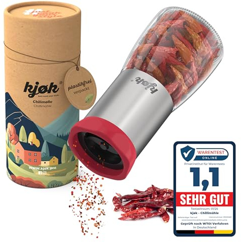kjøk Premium Chilimühle aus Edelstahl & Glas Chilischneider mit Stahl Schneidwerk Gewürzmühle Gewürzschneider zum Selbstbefüllen 100ml Vorrat Aromaschutzdeckel und Qualitäts Schneider Spice Grinder