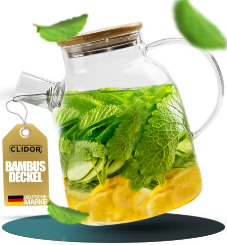 CLIDOR Wasserkaraffe - 1,6 Liter, verstärkte Glasstärke, Karaffe für Heiß- & Kaltgetränke geeignet, Tropffreier Ausguss, moderne Glaskaraffe, Teekanne Glas, robuste Glaskaraffe mit Deckel (1600ml)
