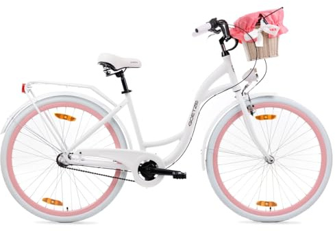 Goetze Style 28 Zoll Damen Citybike, 18 Zoll Tiefeinsteiger Aluminiumrahmen, 3-Gang Nabenschaltung, Rücktrittbremse, V-Bremse, LED-Beleuchtung, Rattankorb, Komfortsattel, mit Ständer & Klingel