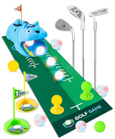Kizmyee Minigolf Set Spielzeug für Kinder mit automatischem Ballrücklauf | indoor und outdoor golfkoffer spiel set, led-leuchtenden golfbällen, 3 teleskopische schläger, für jungen mädchen ab 3 jahren
