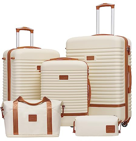 COOLIFE Koffer Set 5-TLG: S+M+L + Reisetasche | ABS Hartschale Leicht, 360° Räder & TSA-Schlösser Für Europa, Kreuzfahrt & Auslandsstudium – Familienurlaub Essentials Weiß/Braun