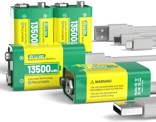 9V Wiederaufladbar Akku, 13500mWh 9V Hohe Kapazität Lithium Akkus, mit USB-C-Schnellladekabel ideal für Rauchmelder, Mikrofon,Alarme,Spielzeug, Taschenlampen,Medizinische Geräte usw (4 Stück)