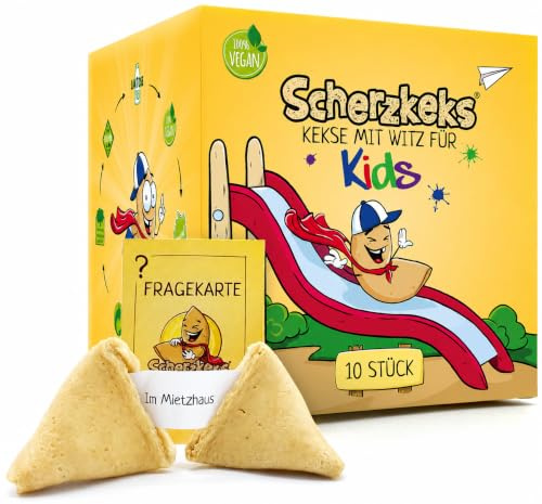 Scherzkeks Kids 10er Box | 10 Kekse mit Witz für Kids, Glückskekse mit kindgerechten Scherzfragen im Inneren, zu Kindergeburtstag, Familienfeiern, Schulanfang, Einschulung