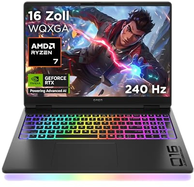 Omen MAX Gaming Laptop, 16 Zoll WQXGA Display 240Hz, AMD Ryzen AI 7 350 (8C) 50 NPU Tops - bis zu 5.0 GHz, NVIDIA GeForce RTX 5070 Ti 12GB VRAM, 32 GB RAM, 1 TB SSD, Win 11, QWERTZ, RGB Light, Schwarz