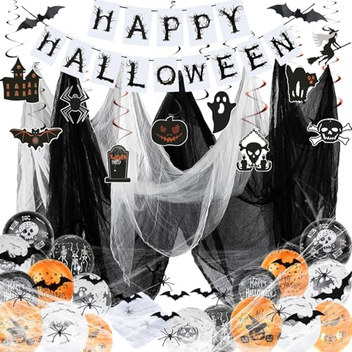 Betensh Halloween Deko Innen, Halloween Banner, Spinnenweben Deko, 1.5 x 2 m Schwarze Gaze,Spiralen Deckendeko, Fledermaus Deko, Gruselige Luftballons, Halloween Deko Gruselig Party