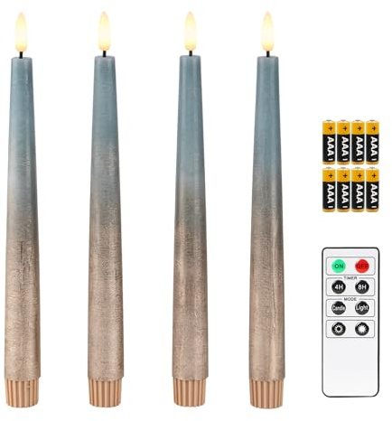 Fanna 4 Echtwachs Led Stabkerzen mit Fernbedienung, Rustikale Flammenlose Spitzkerzen mit Timer für Weihnachten Dekorationen und Adventskranz - H 24,5cm - Blau/Kupfer