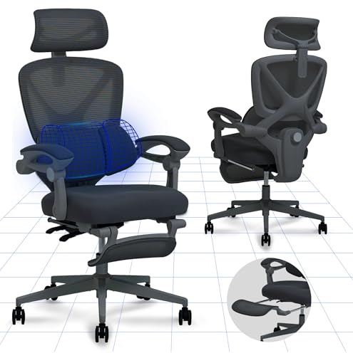 FLEXISPOT Ergonomischer Bürostuhl, X-förmiger Schreibtischstuhl mit 135°-Neigung, Gekoppelte Armlehnen mit zonenweise Einstellbarer Lendenstütze, Drehstuhl mit Fußstütze, 3D-Kopfstütze, Schwarz