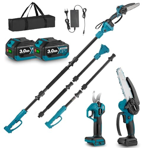 Yofidra 4-IN-1 Akku Hochentaster Ast Kettensäge & Astschere mit Teleskop - Bürstenlos 25mm Baumschere, 6 Zoll Mini Kettensäge, mit 200cm Teleskopstange, 180° Einstellbarer Winkel, 2 x 3.0Ah Akkus