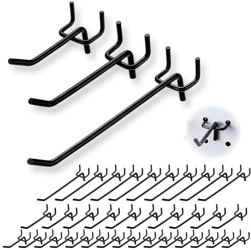 Youery 50 Stück Lochwand Haken, Lochwand Zubehör Schwarz Lochblech Werkzeugwand Haken Lochwandhaken Lochplattenhaken Pegboard Einfachhaken für Garage Regal Werkstatt (5cm/10cm/15cm)