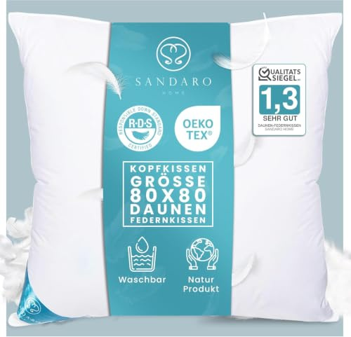 Sandaro Home Kissen 80x80 daunen mit 3-Kammer-Füllung, 70% Daunen-30% Federn Ultra-Komfort, ganzjährig verwendbar, 100% Baumwollbezug daunenkissen 80x80 Entspannung pur- Öko-Tex Zertifiziert 1600g