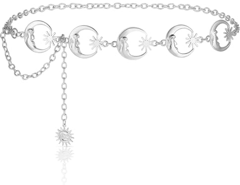 Geyoga Taillenkette Gürtel Damen für Kleid Jeans Metall Kettengürtel Verstellbare Mehrschichtig Bauchkette Silber Mond Stern Sonne Körperketten Hüftkette Schmuck für Damen Frauen