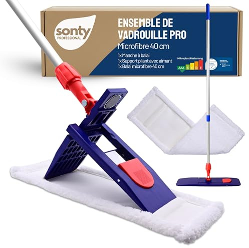 SONTY Profi Wischmopp 40 cm Set – Bodenwischer mit Magnet Klapphalter, 40 cm Microfaser Wischbezug & verstellbarem Alu Moppstange | Wischmop für Gewerbe, Gastro, Haushalt & Hartböden