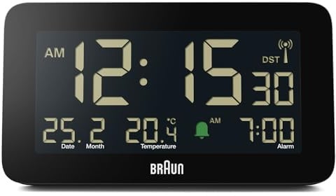 Braun Funk-Digitalwecker für die Mitteleuropäische Zeitzone (DCF) mit Datums-, Monats- und Temperaturanzeige, Negatives LCD-Display, Schnelleinstellung, schwarz, Modell BC10B-DCF