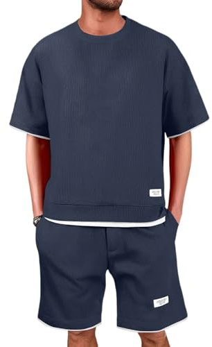 DHYUEN Zweiteiler Herren Sommer Einfrabige Waffle Jogginganzug Sportanzug Kurzarm Tshirt Und Kurze Jogginghose 2 Teiler Atmungsaktive Tracksuit Streetwear Trainingsanzug Y2K Sommer Outfit Hausanzug