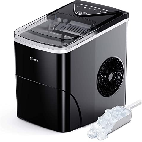 Silonn Eiswürfelmaschine, 9 Würfel in 6 Minuten fertig 12 KG in 24 Stunden, selbstreinigende kleine Eiswürfelmaschine mit Eisschaufel und Korb, 2 Größen von Bullet Eis für Küche, Büro, Bar und Party